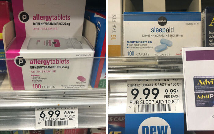 Diphenhydramine (Generic Benadryl) Costs $3 More When Marketed As A Sleep Aid Rather Than An Allergy Medicine