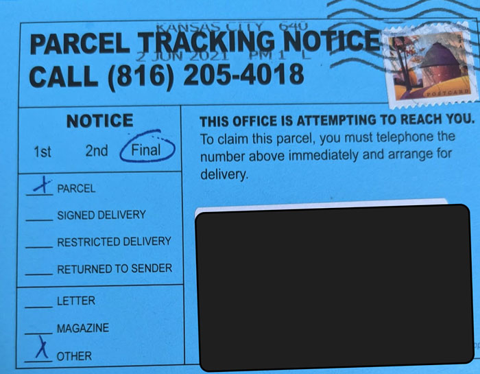 Plumbing Company Disguised As Missed Package To Get You To Call Them And Setup Appointment To "Test Water". The Blue Ink Was Printed On
