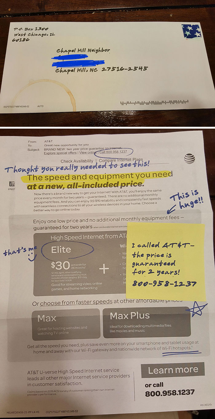 AT&T's New Deceitful Mailing Tactics Including Fake Handwriting, Coffee Stain, And Sticky Note