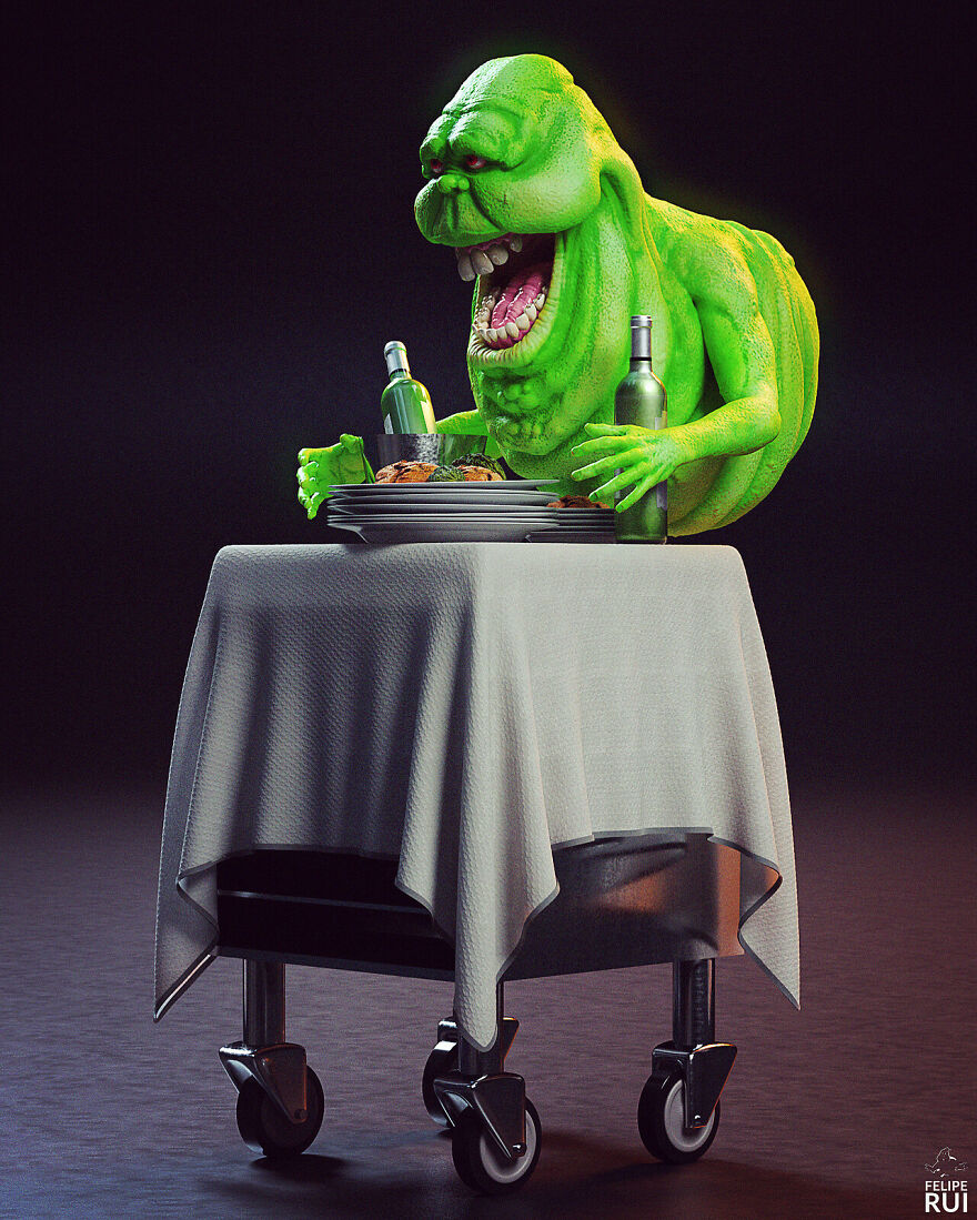 Terrifying digital art of a popular green ghost character holding bottles by a table on wheels in a dark setting.