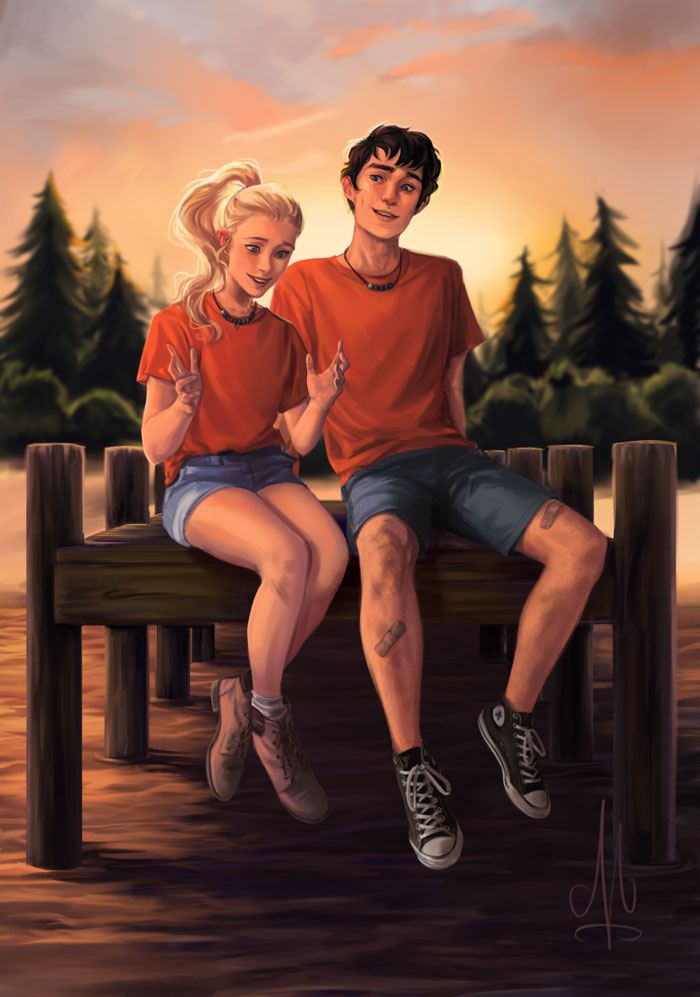 Annabeth Chase and Percy Jackson sitting next to each other in the woods