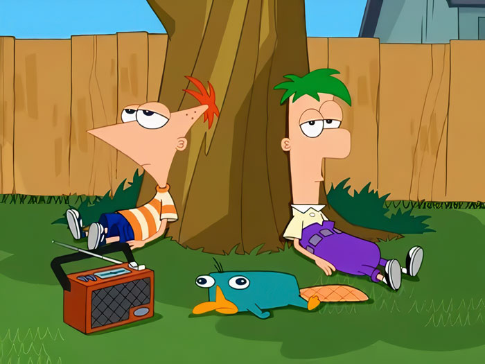 Phineas and Ferb sitting under the tree and looking exhausted