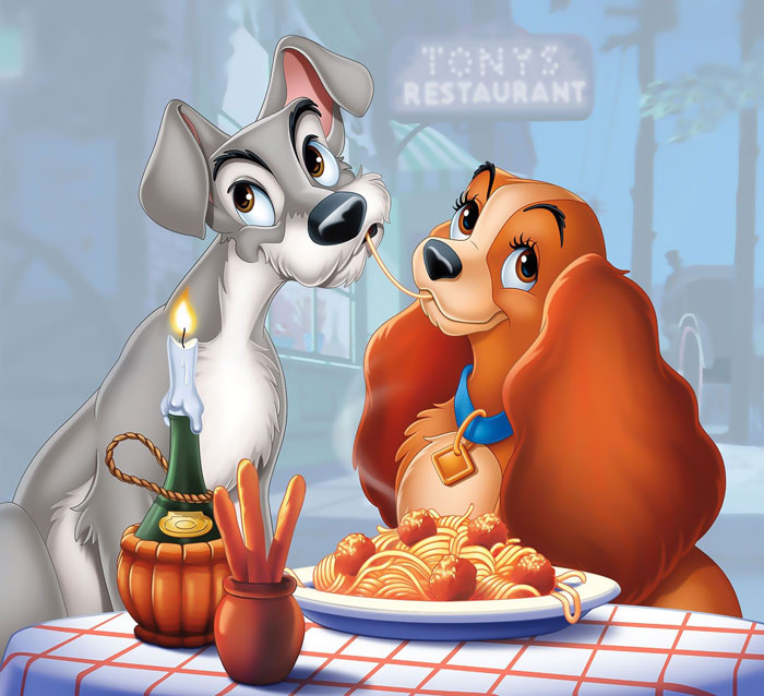 Lady and The Tramp eating spaghetti