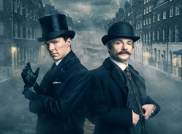 Sherlock and Watson standing next to each other in the city background