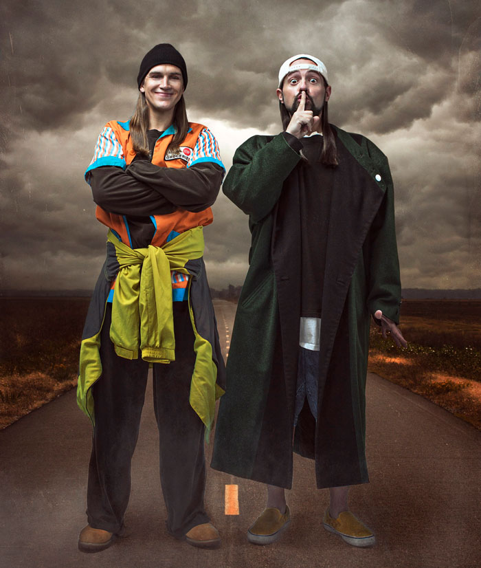 Jay and Silent Bob standing next to each other on the road