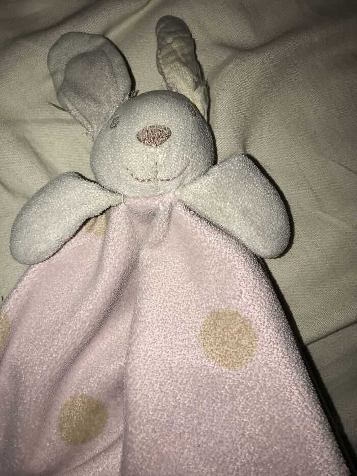 This Is ‘My Pink Bunny’ I Have Had It Since I Was Born, And Can’t Sleep Without It! I Squeeze It’s Ears At Night, And The One Is Ripping Again… I Don’t Know How Much Longer It Will Last 😔