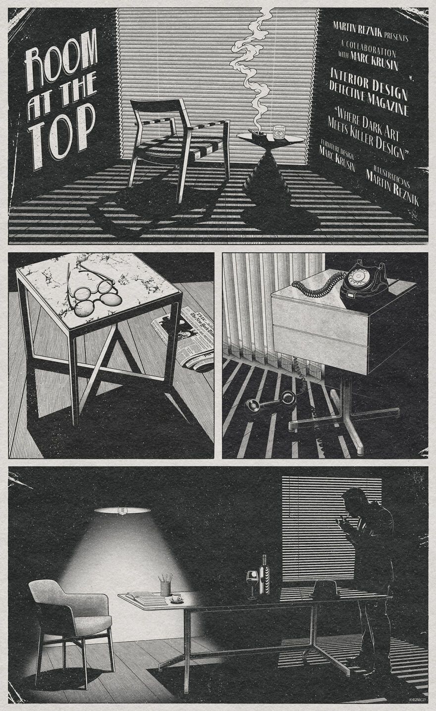 Highly Detailed Film Noir Inspired Furniture Illustrations