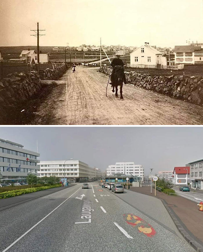 Reykjavík, Iceland In 1910 And 2013. The Former "Edge" Of The City. The Only House That Still Stands Is The Red-Roofed House On The Right