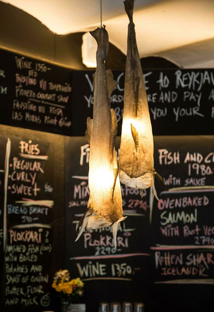 This Fish Restaurant In Iceland Had Dried Fish Skins As Lighting Fixtures