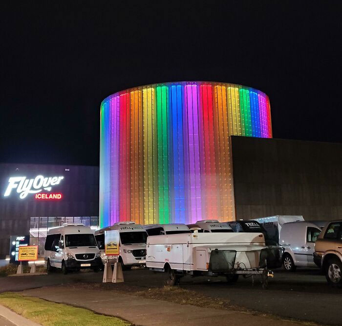This Oil Tank In Reykjavík Is Lit Up With LED Lights In The Colors Of The Pride Flag During The Pride Week In Iceland