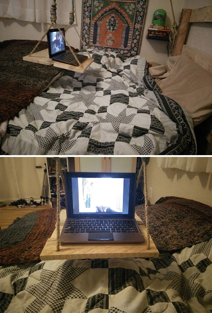 My Friend Redefined Laziness. She Built A Floating Table Over Her Bed, So She Never Has To Stand Up Again