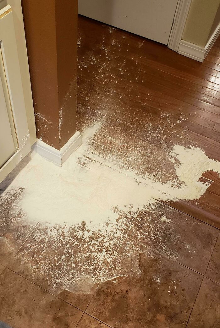 Moved The Flour Away From The Kid So He Wouldn't Make A Mess. And I Knocked It Off The Counter With My Elbow