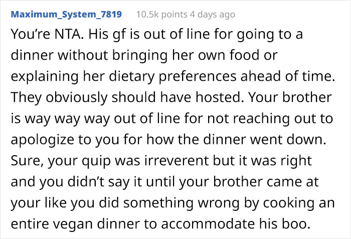 "She Could Eat Every Single Thing Served": Brother Angry At Family Member After His Vegan Fiancée Goes Hungry At Dinner Despite The Food Being Vegan