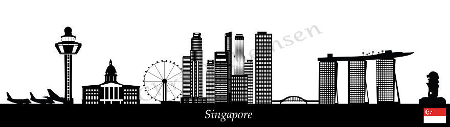 Singapore City Skyline With Flag