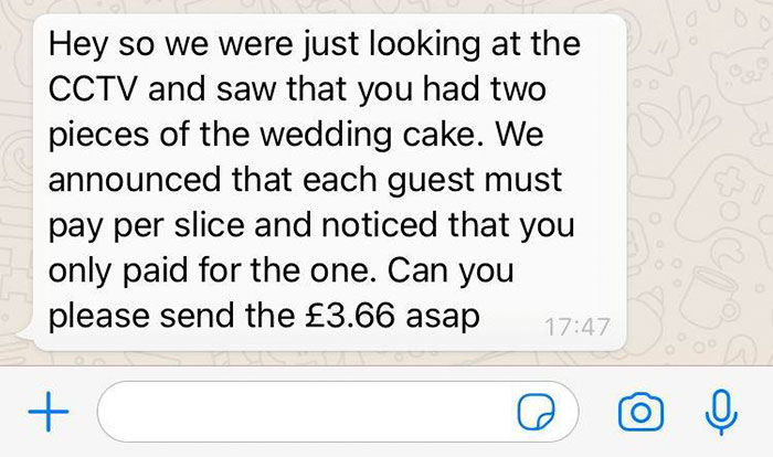 Guest Shocked To Receive Charge For Additional Slice Of Wedding Cake The Newlyweds Saw Them Take Via CCTV Guest Shocked To Receive Charge For Additional Slice Of Wedding Cake The Newlyweds Saw Them Take Via CCTV
