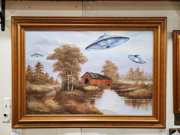 Found This Awesome Painting At My Local Thrift Store And Decided It Needed Some Unearthly Visitors Lol. I've Done Several Of These UFO Altered Paintings And They Are So Much Fun To Make