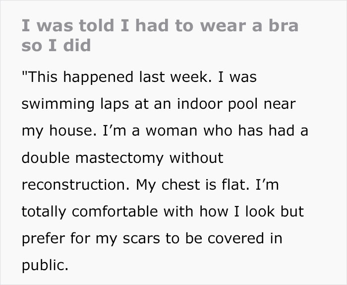 Woman With Double Mastectomy Is Told To Wear A Bra In The Pool, She Follows The Rule To The Letter In Her Malicious Compliance