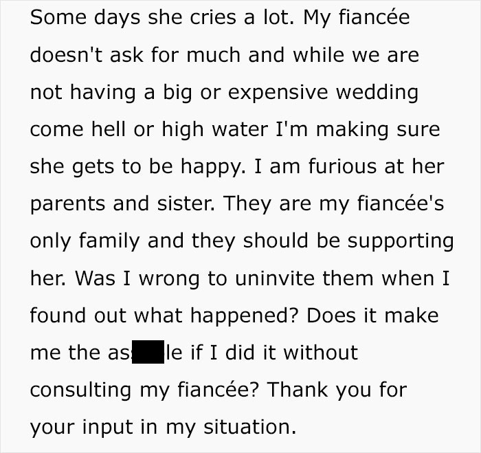 Guy Uninvites Fiancée's Closest Family From The Wedding After They Make Her Wedding Dress Shopping All About Her Sister Guy Uninvites Fiancée's Closest Family From The Wedding After They Make Her Wedding Dress Shopping All About Her Sister