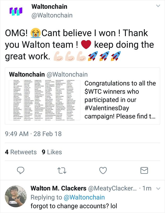 Waltonchain Forgets To Switch Twitter Accounts, Self-Owns By Posting As Winner Of Their Own Contest