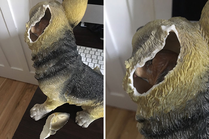 Today My Boyfriend Accidentally Broke The Ear Off Of His Dog Statue, Which He’s Had For Twelve Years, And Discovered Another Smaller Dog Inside… I Have So Many Questions