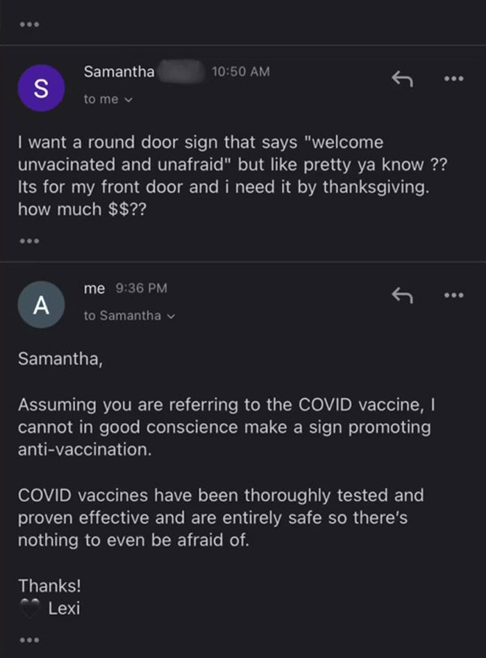 People Are Cracking Up At This Woman’s Conversation With A Client Demanding That She Create An Anti-Vax Door Sign