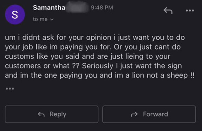 People Are Cracking Up At This Woman’s Conversation With A Client Demanding That She Create An Anti-Vax Door Sign People Are Cracking Up At This Woman’s Conversation With A Client Demanding That She Create An Anti-Vax Door Sign