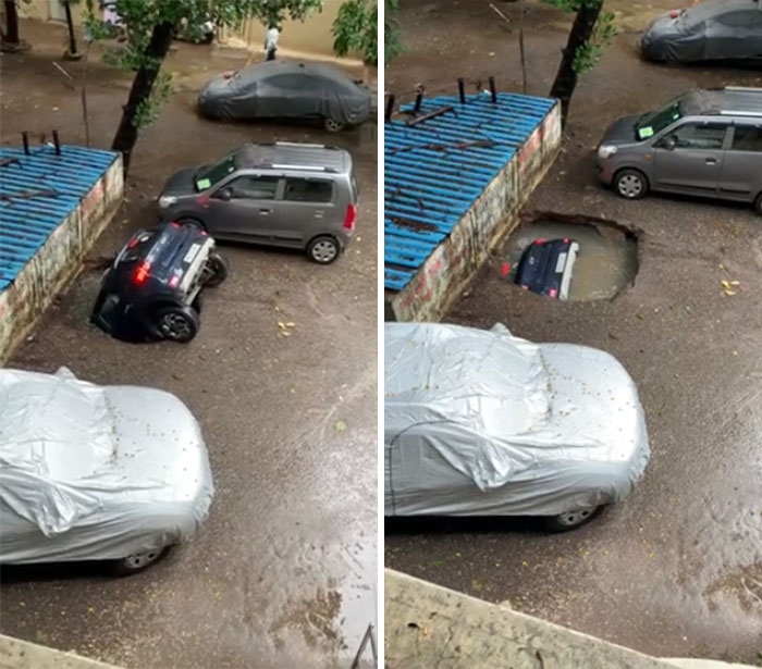 Car Sinks Into Ground In Mumbai India, Amid Heavy Monsoon