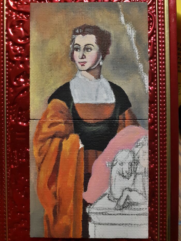 Though Not Finished Yet, These Canvases Are About 1-2 Inches Tall And Wide. The Painting Is "Saint Agnes" By Alonso Cano.