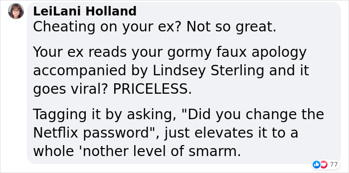 Woman Claps Back At Cheating Ex By Reading His Pathetic Apology Text With Live 'Sad Violin' Accompaniment Woman Claps Back At Cheating Ex By Reading His Pathetic Apology Text With Live 'Sad Violin' Accompaniment