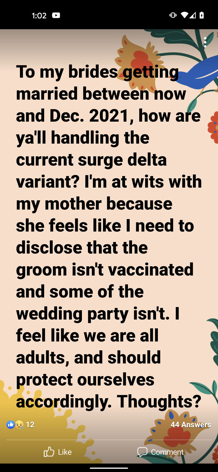 Groom Isn't Vaccinated And Bride Doesn't Want To Tell People Coming To Her Wedding. But Sure Mob Is The Awful One Here /S