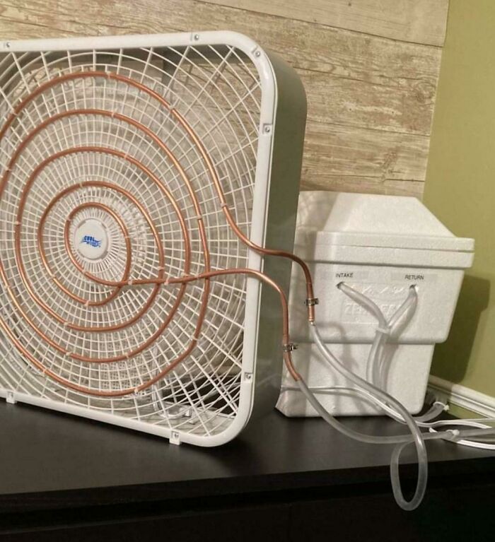 Portable AC Unit (Pumps Ice Cold Water From Cooler Through Copper Coil Over Fan)