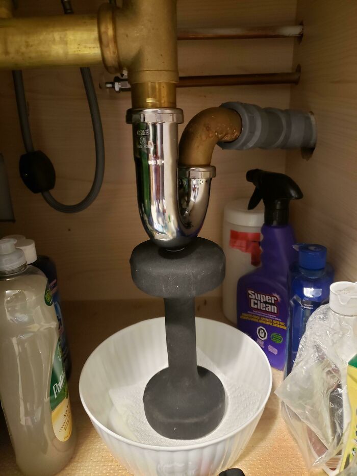 The U Pipe Under My Kitchen Sink Refuses To Stay Connected. A Ten Pound Dumbbell Solved The Problem