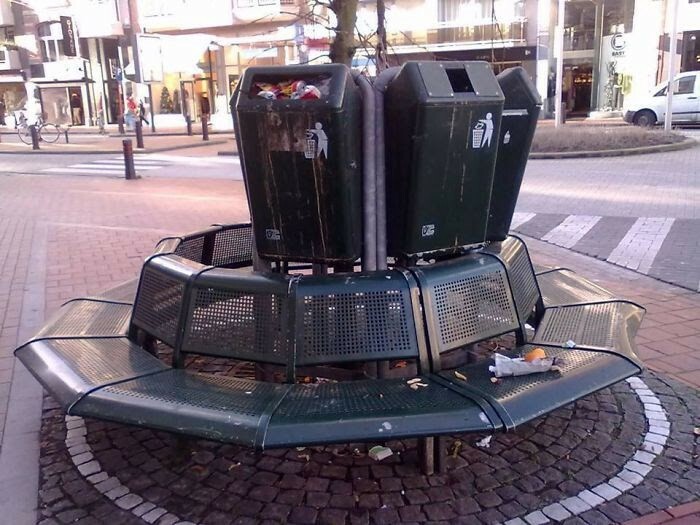 These Garbage Bins Placed On Top Of Park Benches To Save Space