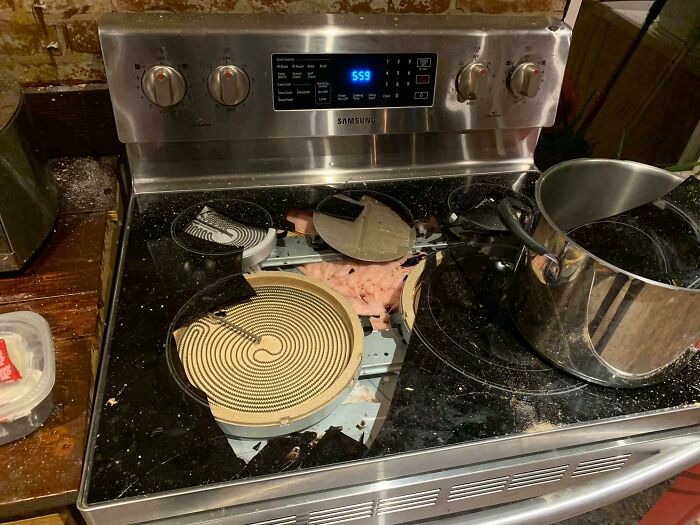 When Your Cabinet Decides It’s Time To Break Lose And Come Crashing Down The Day You Install Your Brand New Glass Top Stove.