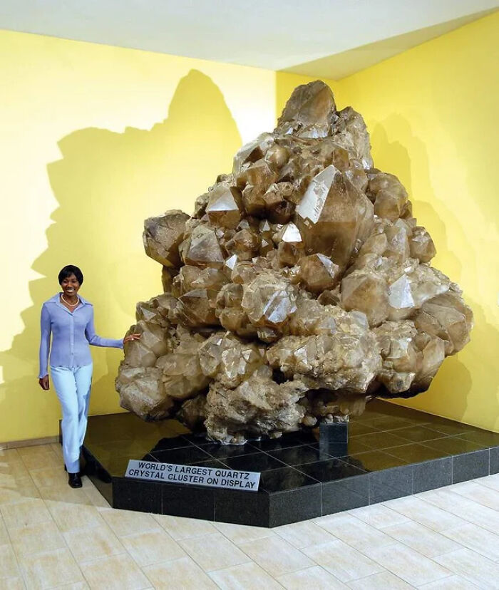 Quartz Crystal Cluster On Display In A Museum In Namibia. This Is The World's Largest Quartz Cluster, It Was Discovered In 1985 At The Bottom Of A 45 Metre Deep Cave In The Otjua Mine Near Karibib In Namibia. It Weighs 14,100 Kg And Took Three Years To Excavate And Remove.