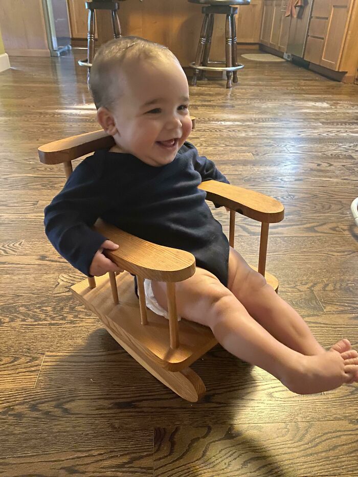 Made This Rocking Chair In ‘97 Wood Shop Class When I Was 14. Had No Idea Why I’ve Kept It For 24 Years. 38 Now And I Have Finally Realized It Belongs To My Son. Might Be A Dumb Post, Sorry, But His Face Makes All Those Years Worth It