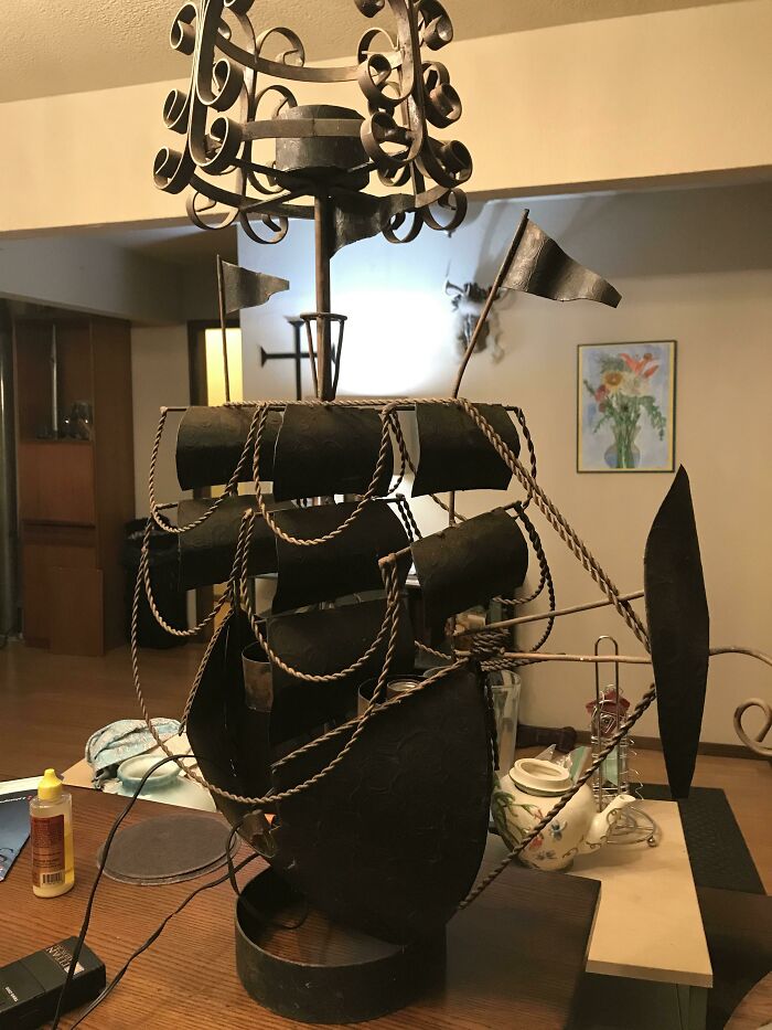 Metal Pirate Ship Lamp My Mom “Had” To Get At A Flea Market Because “It Was So Horrible”
