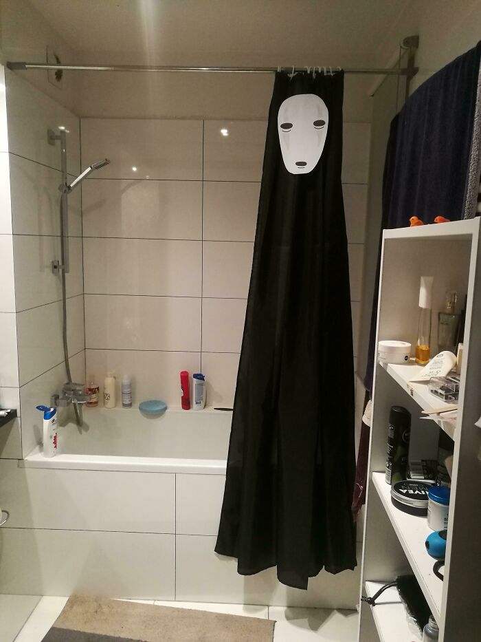 We Got A New Shower Curtain, I Decided To Decorate It A Bit. My So Almost Had A Heart Attack