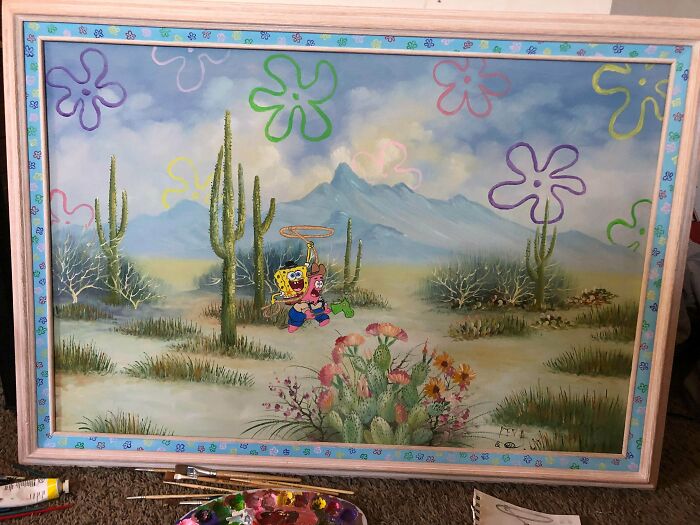 Someone Was Just Throwing This Painting Out, I Realized When Cleaning The Frame That There Was Also Had A Line Of Blank Canvas So I Thought To Draw A Crap Ton Of Tiny Spongebob Flowers (170)