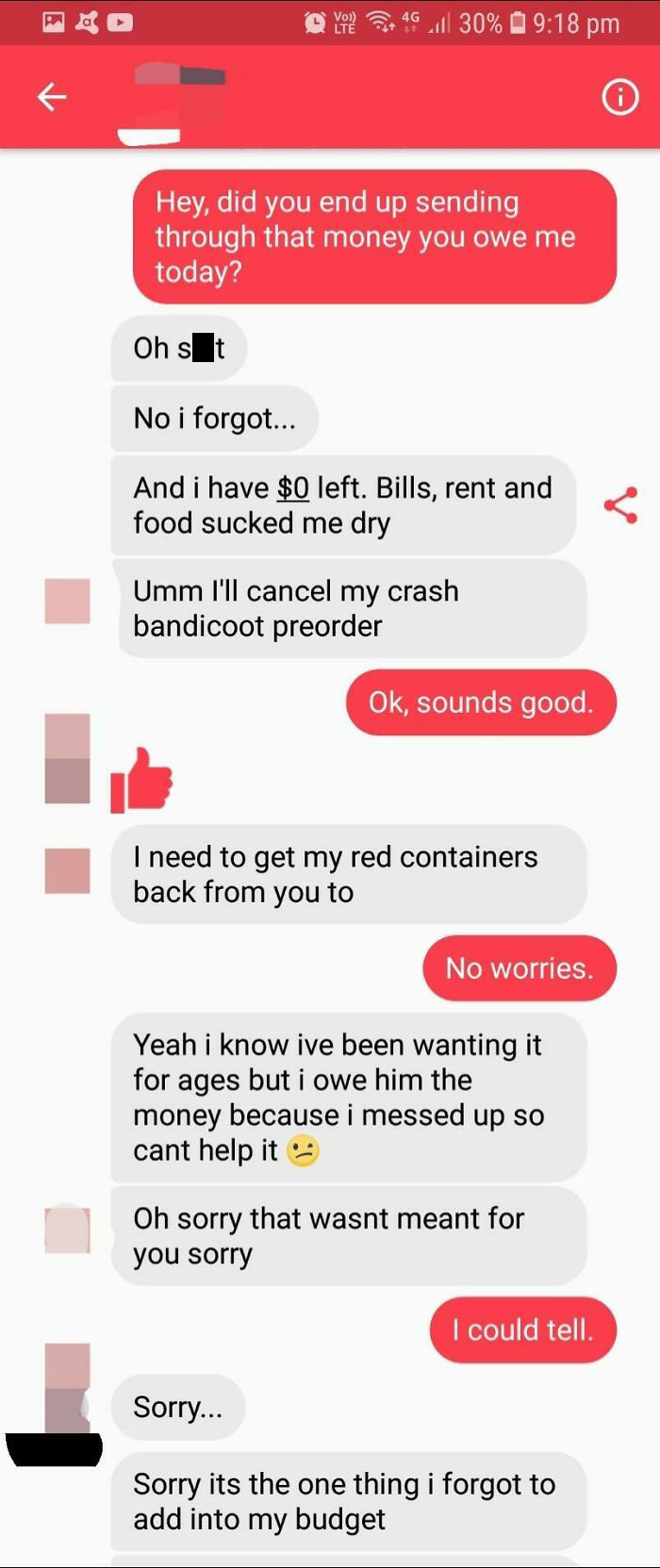 Ex Tries To Guilt Me A Week After Promising To Pay Back $30 For "Accidentally" Using My Card To Pay For Food Delivery.