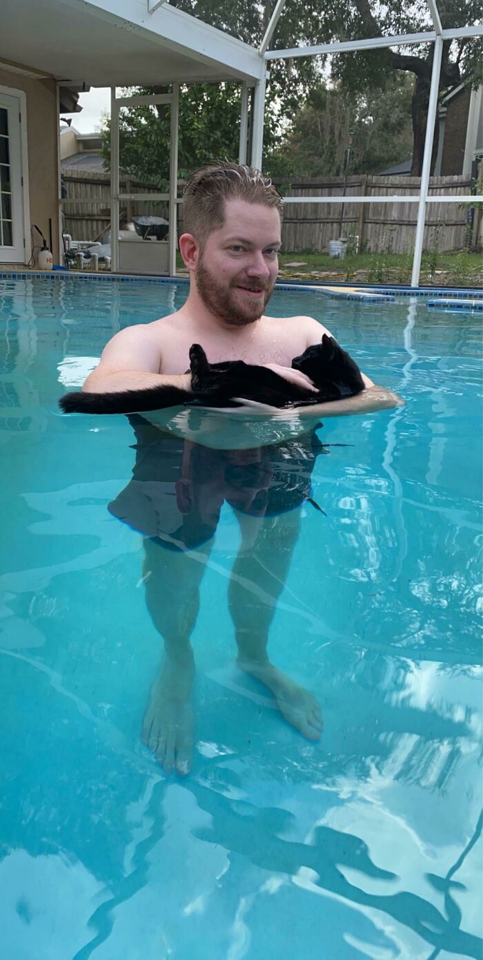 My Boyfriend Thought It Would Be Funny To Bring Our Cat Into The Pool. This Picture Is The Result. Please Enjoy