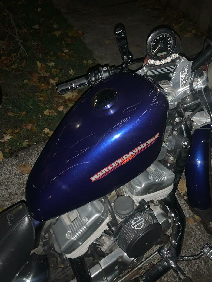 Parked My Bike Outside A Friend's House For Less Than An Hour, Came Back Out To Find Someone Keyed My Tank Just In Time For My Halloween Ride