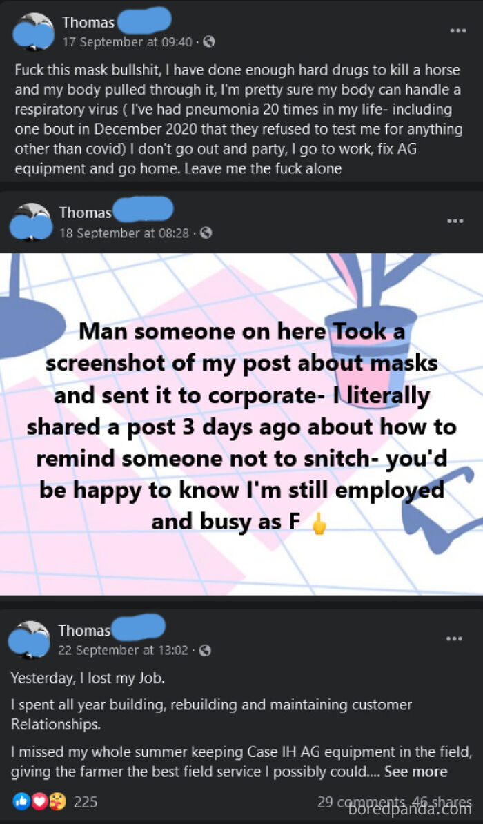 Facebook Friend Is An Anti-Masker Who Brazenly Posts About Keeping His Job Even After Complaints About Him To Corporate. He’s Not So Cocky A Few Days Later
