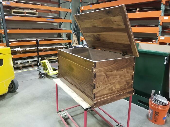 A Blanket Chest I Made For My Future Wife, We Get Married On Saturday. Its Make Out Of Walnut Wood And Brass Plugs