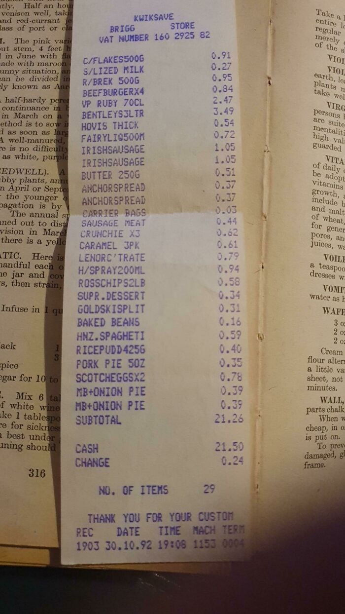 A Receipt Found In A Book From 1992. Not A Vegetable In Sight