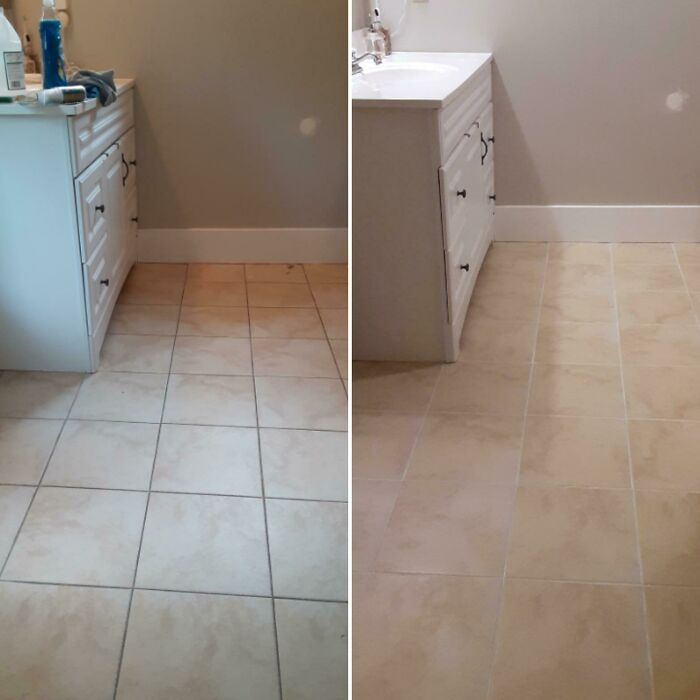 I Didn't Know You Were Supposed To Scrub Tile Grout. Before And After 3 Hours Of Scrubbing And Applying A White Sealant