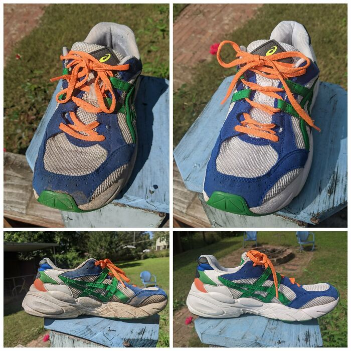 Scrubbed My Tennis Shoes! Apply Baking Soda + Water With A Toothbrush, Dry In The Sun, Then Rinse Off Excess & Spot Clean.