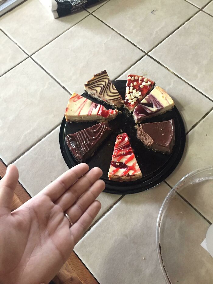 Look At How My Boyfriend Defiled This Cheesecake... He Took One Bite Of Every Piece