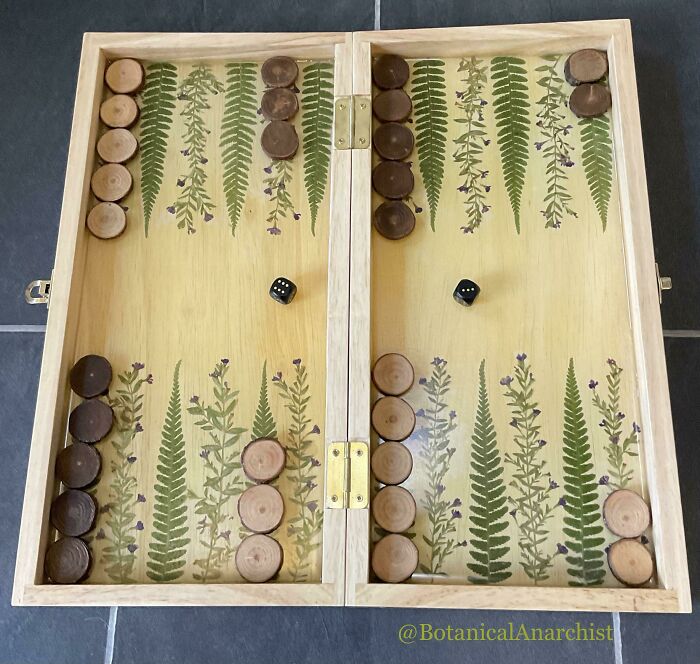 Just Finished My Biggest And Most Difficult Backgammon Board So Far, Made With Real Fern Leaves And Flowers