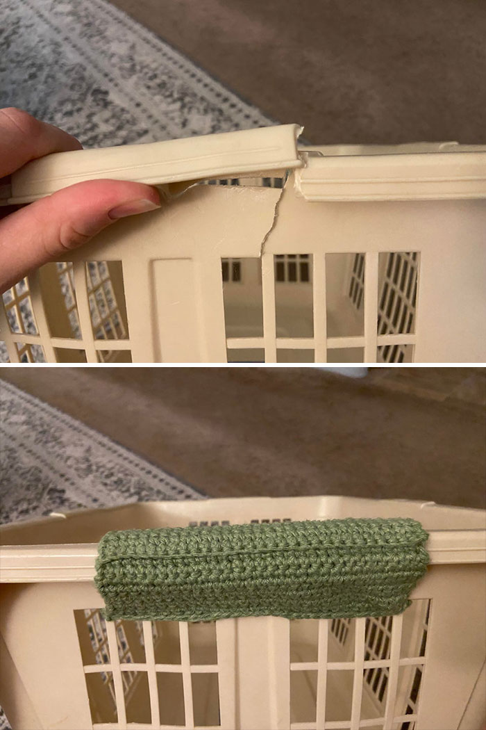 I (28f) Have Had The Same Laundry Basket My Entire Life. One Of The Handles Has Been Cracking More And More For A Few Years. Rather Than Buy A New One, I Made A Crochet Handle To Hold It Together